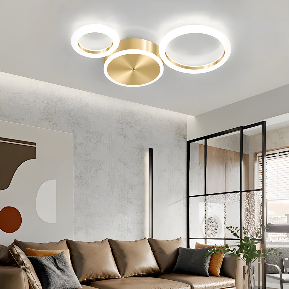 Circular LED Flush-Mount Ceiling Light — Gold, Iron and Acrylic, 3000K–6000K Dimmable, 3-Light / 4-Light / 5-Light