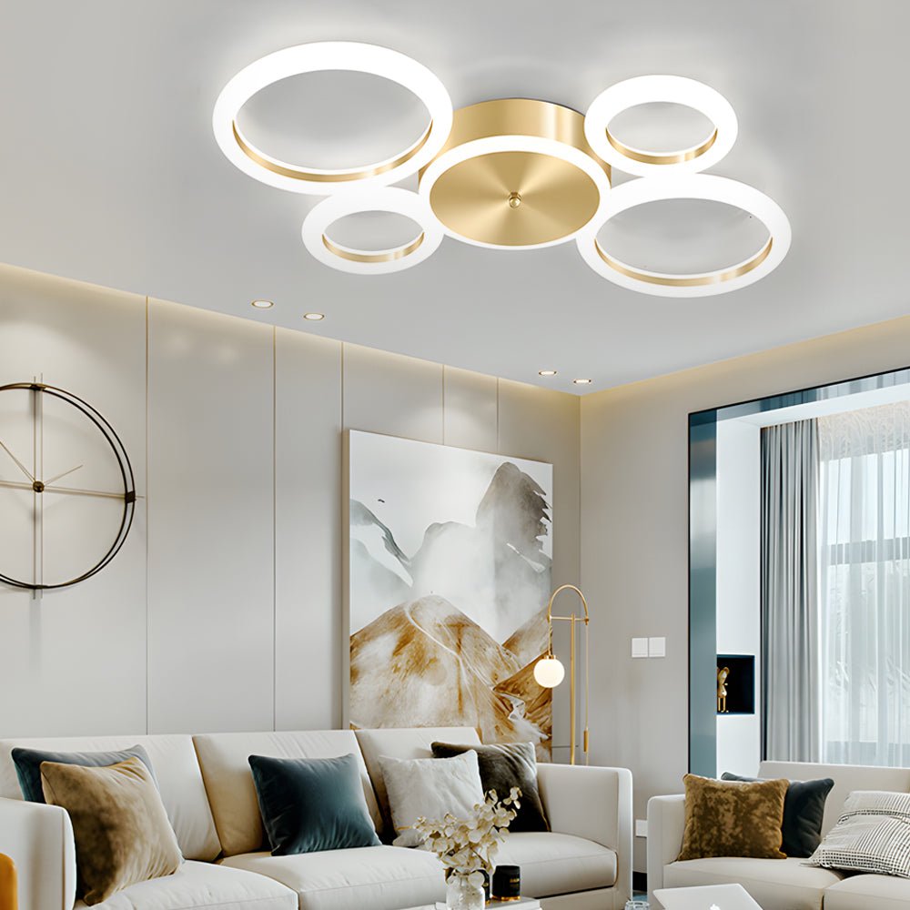 Circular LED Flush-Mount Ceiling Light — Gold, Iron and Acrylic, 3000K–6000K Dimmable, 3-Light / 4-Light / 5-Light