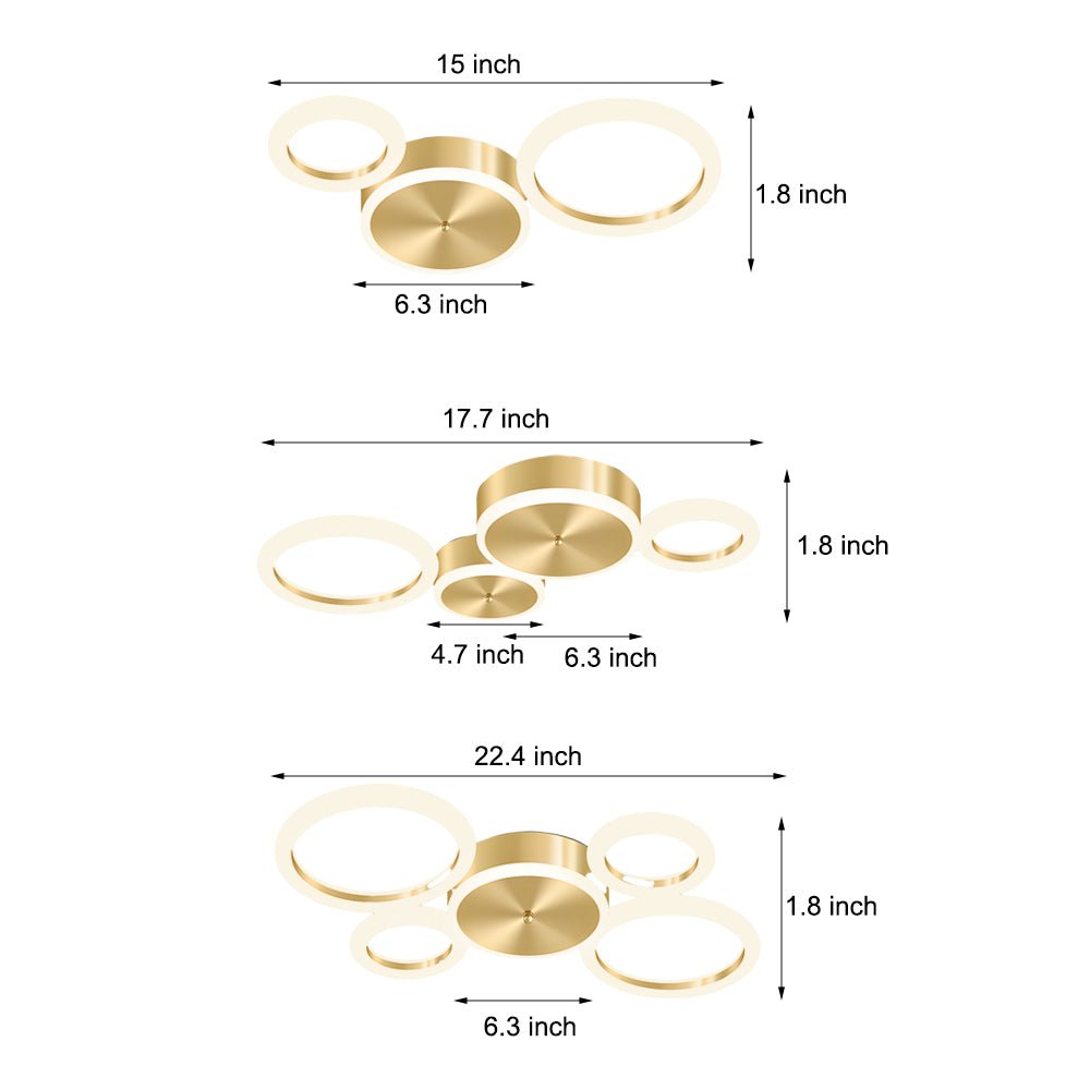 Circular LED Flush-Mount Ceiling Light — Gold, Iron and Acrylic, 3000K–6000K Dimmable, 3-Light / 4-Light / 5-Light