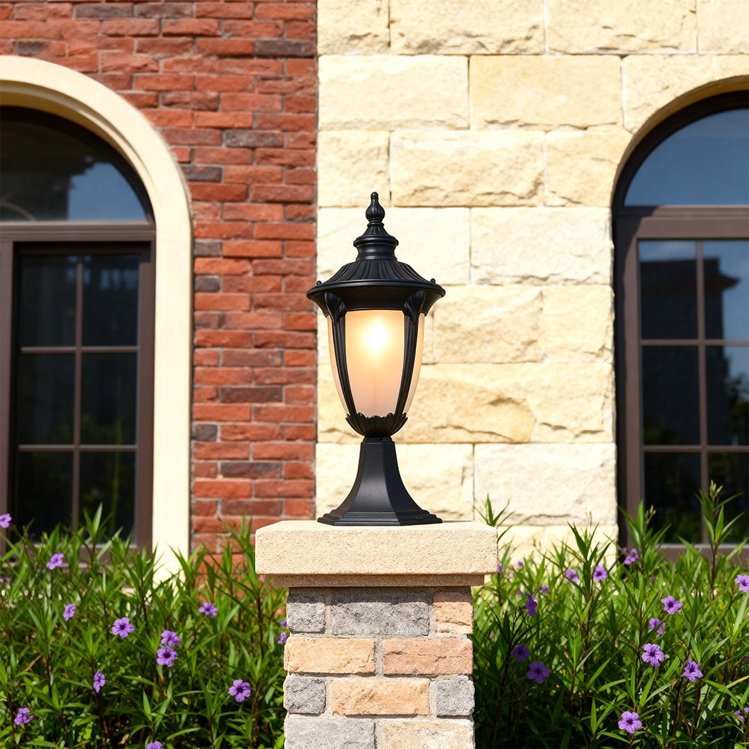 Minimalist Outdoor Pillar Light — Cast Aluminum, Sand-Black, 9W E26, IP44 Waterproof, 16.5" H