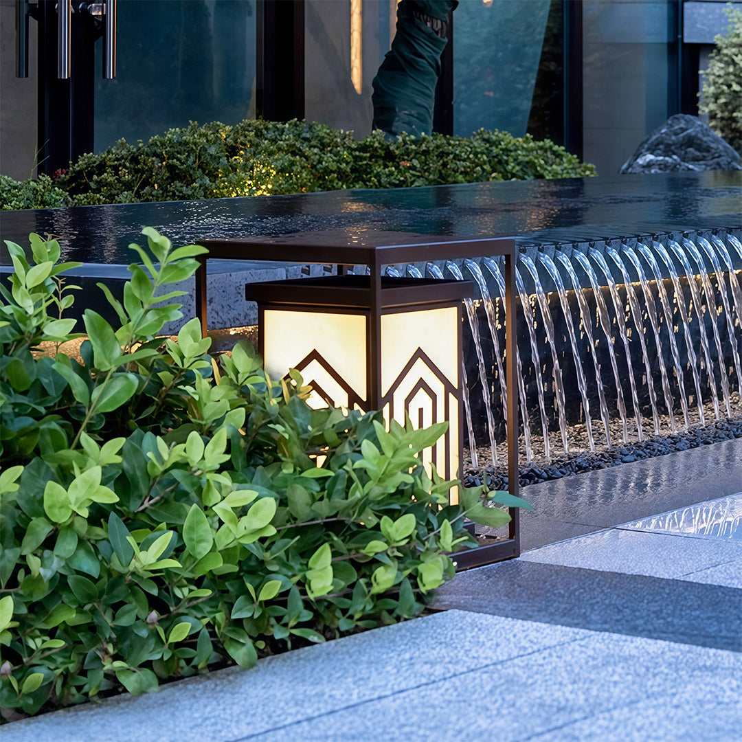 Marble-Effect Outdoor Lantern Path Light — Black Stainless Steel, Solar / Hardwired, IP65, 4 Sizes