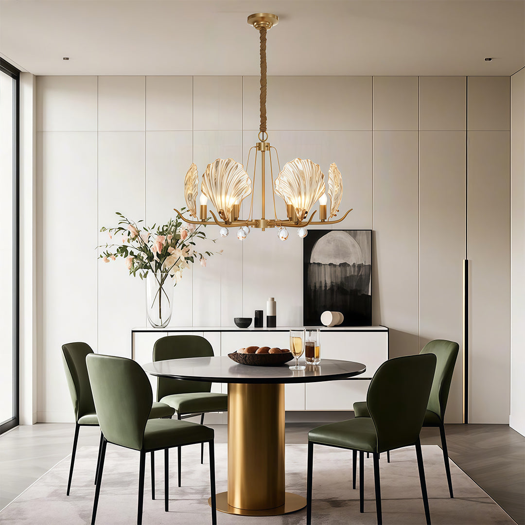 Seashell Glass Chandelier — Full Copper Frame, E14, 3-, 6-, or 8-Light