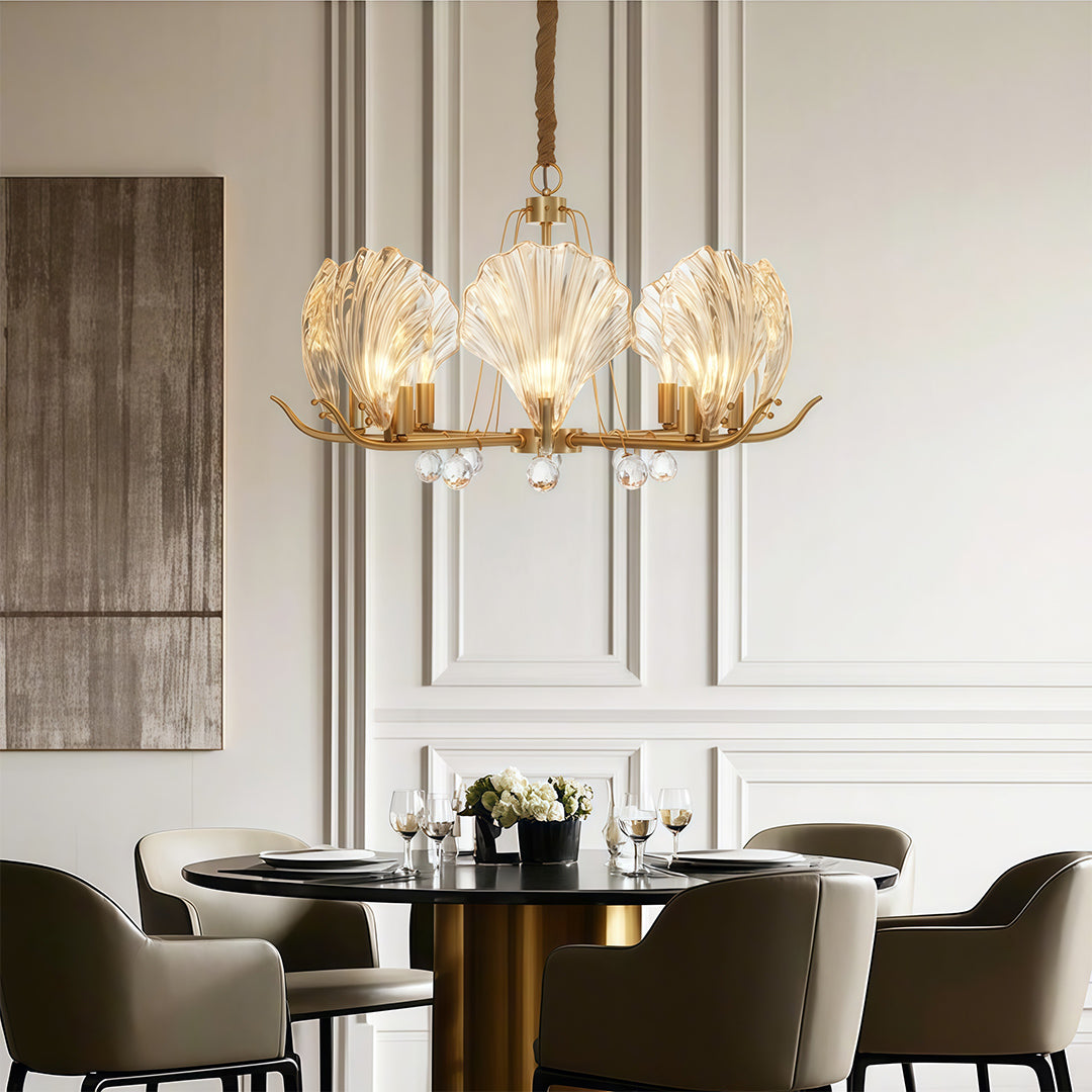 Seashell Glass Chandelier — Full Copper Frame, E14, 3-, 6-, or 8-Light