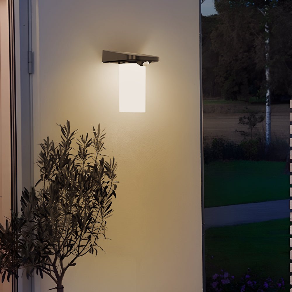 Cylindrical Solar Outdoor Wall Sconce — Black, LED Motion Sensor, IP54, 6000K–6500K