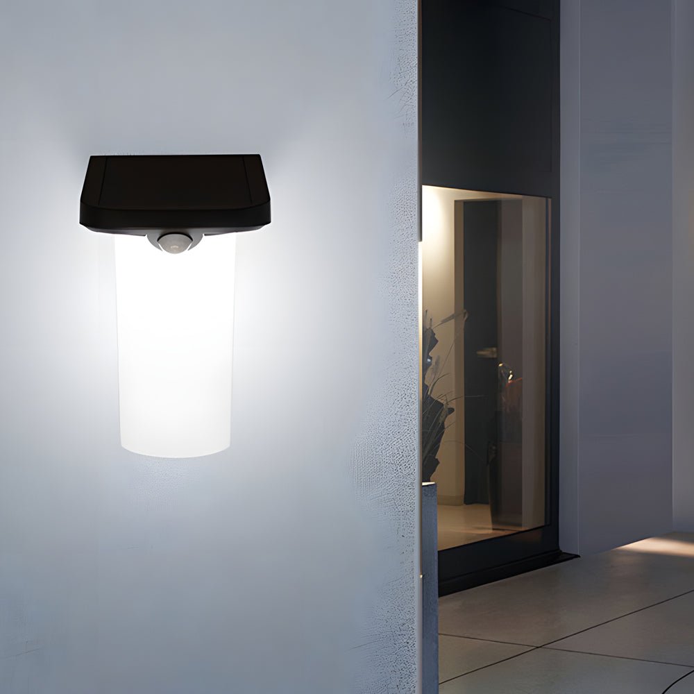 Cylindrical Solar Outdoor Wall Sconce — Black, LED Motion Sensor, IP54, 6000K–6500K