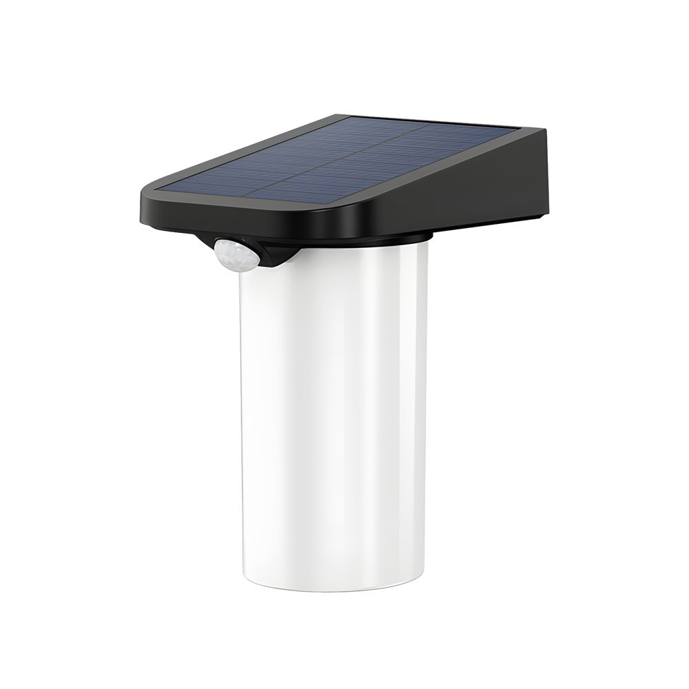 Cylindrical Solar Outdoor Wall Sconce — Black, LED Motion Sensor, IP54, 6000K–6500K