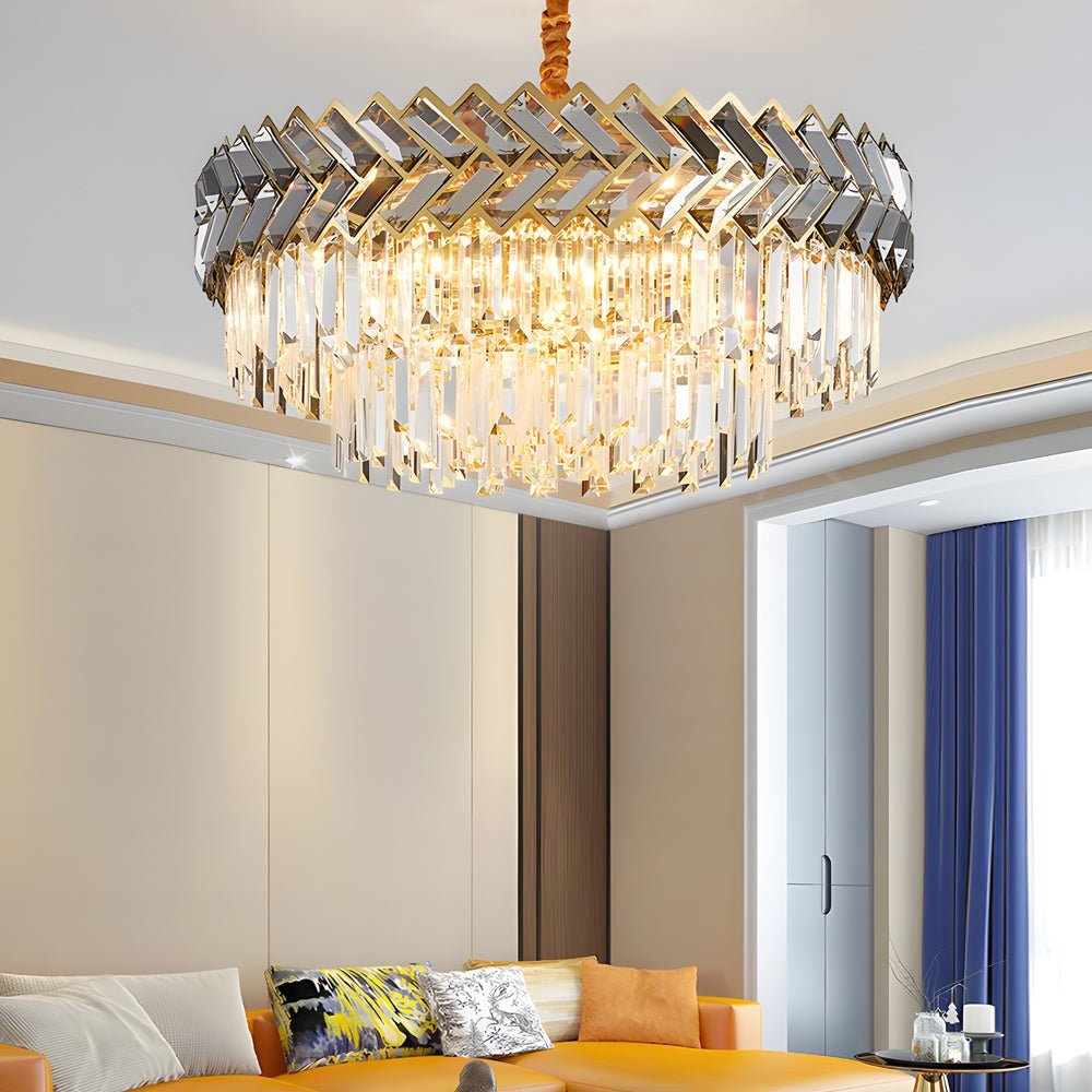 Geometric Crystal Chandelier — Stainless Steel, Gold & Smoke Gray, 3-Step Dimming, Round or Rectangle