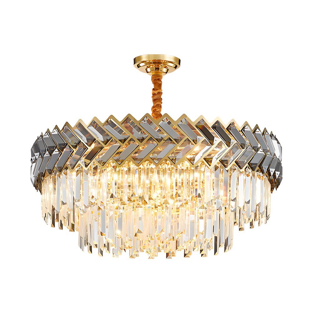 Geometric Crystal Chandelier — Stainless Steel, Gold & Smoke Gray, 3-Step Dimming, Round or Rectangle