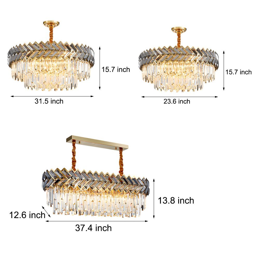 Geometric Crystal Chandelier — Stainless Steel, Gold & Smoke Gray, 3-Step Dimming, Round or Rectangle