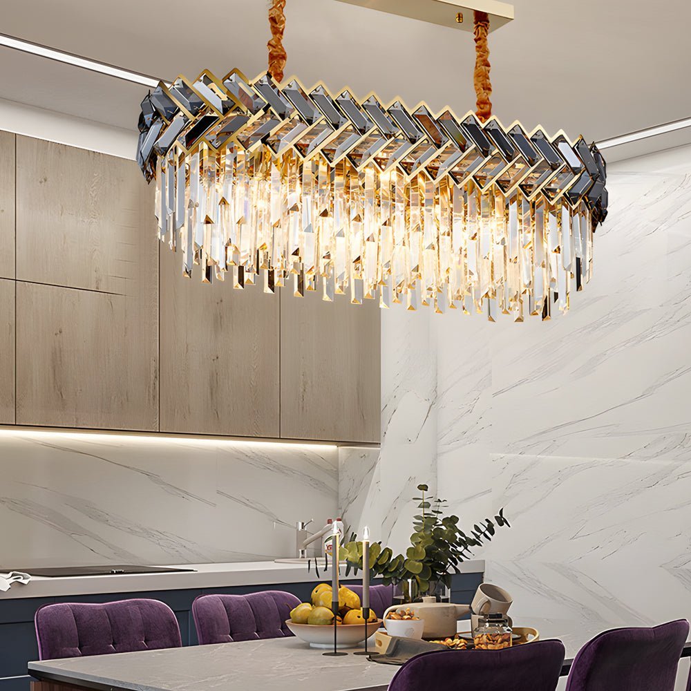 Geometric Crystal Chandelier — Stainless Steel, Gold & Smoke Gray, 3-Step Dimming, Round or Rectangle