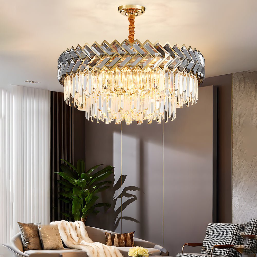 Geometric Crystal Chandelier — Stainless Steel, Gold & Smoke Gray, 3-Step Dimming, Round or Rectangle