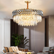 Geometric Crystal Chandelier — Stainless Steel, Gold & Smoke Gray, 3-Step Dimming, Round or Rectangle