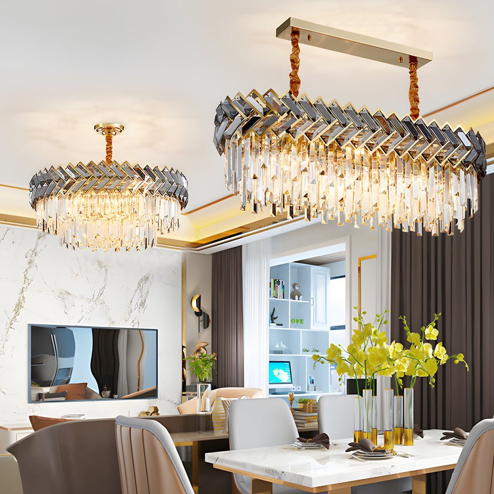Geometric Crystal Chandelier — Stainless Steel, Gold & Smoke Gray, 3-Step Dimming, Round or Rectangle