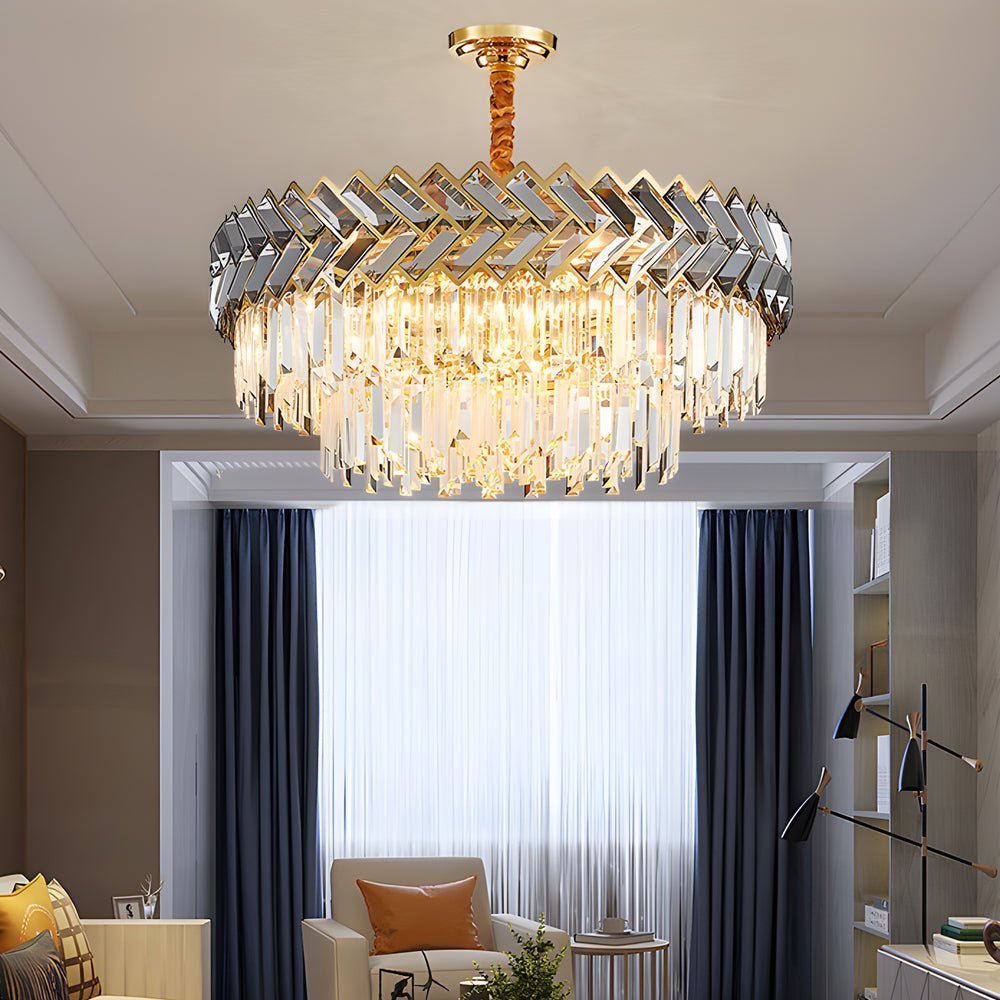Geometric Crystal Chandelier — Stainless Steel, Gold & Smoke Gray, 3-Step Dimming, Round or Rectangle