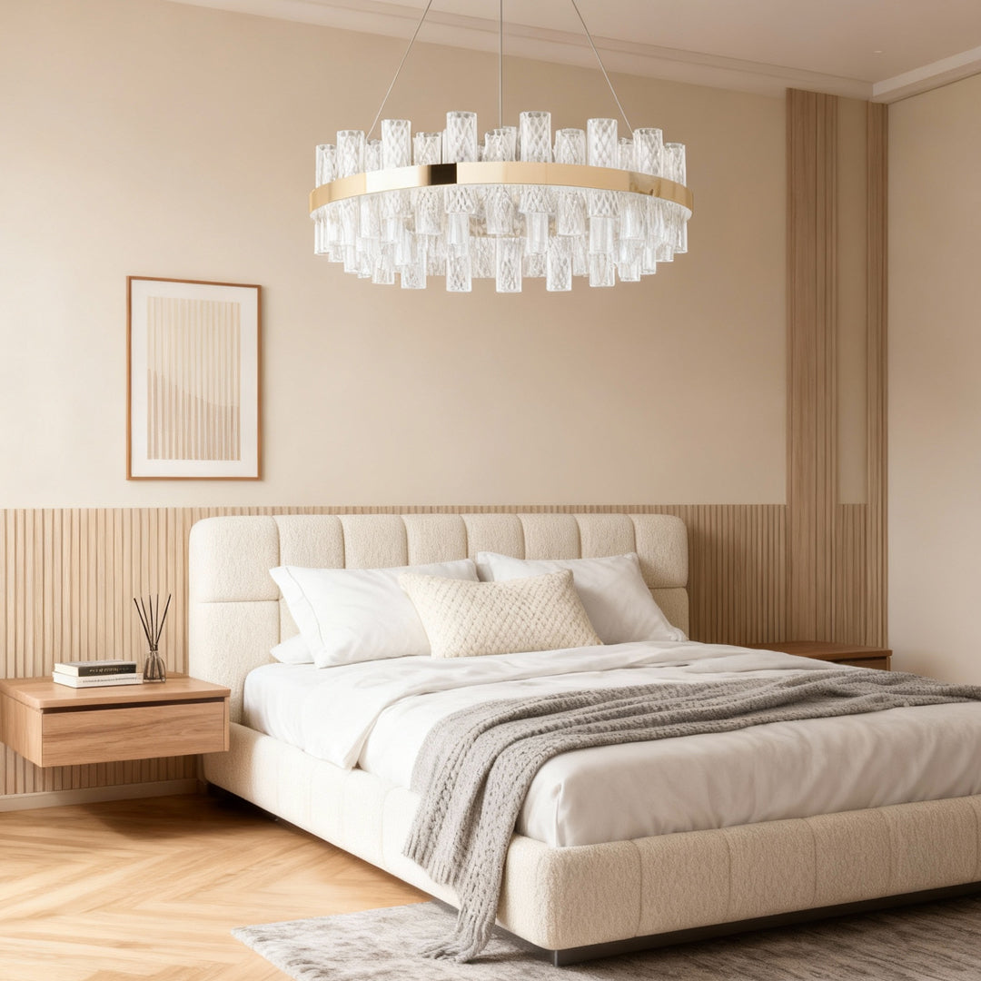 Crackled Glass Modern Chandelier — Champagne Gold, Three-Color Dimming, LED, 47.2" Cable