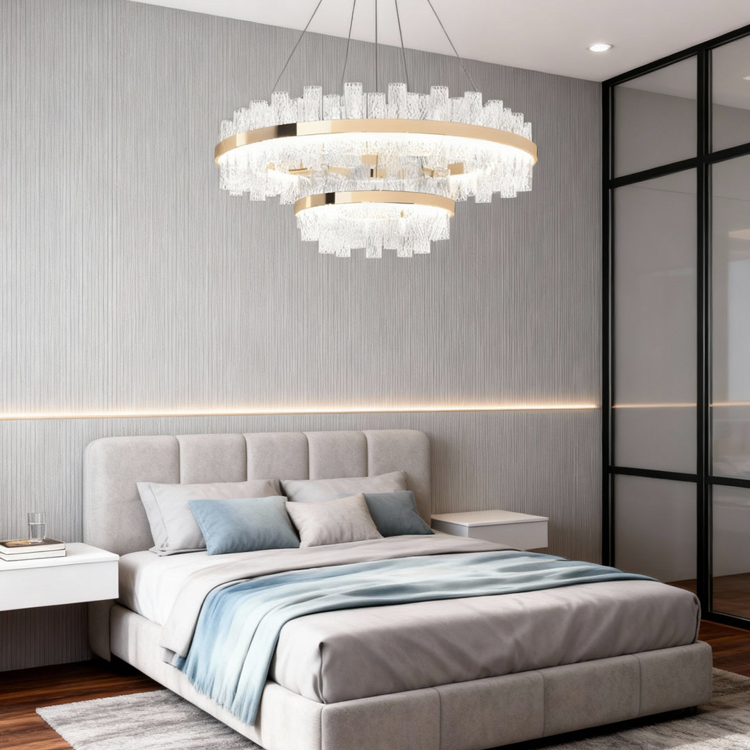 Crackled Glass Modern Chandelier — Champagne Gold, Three-Color Dimming, LED, 47.2" Cable