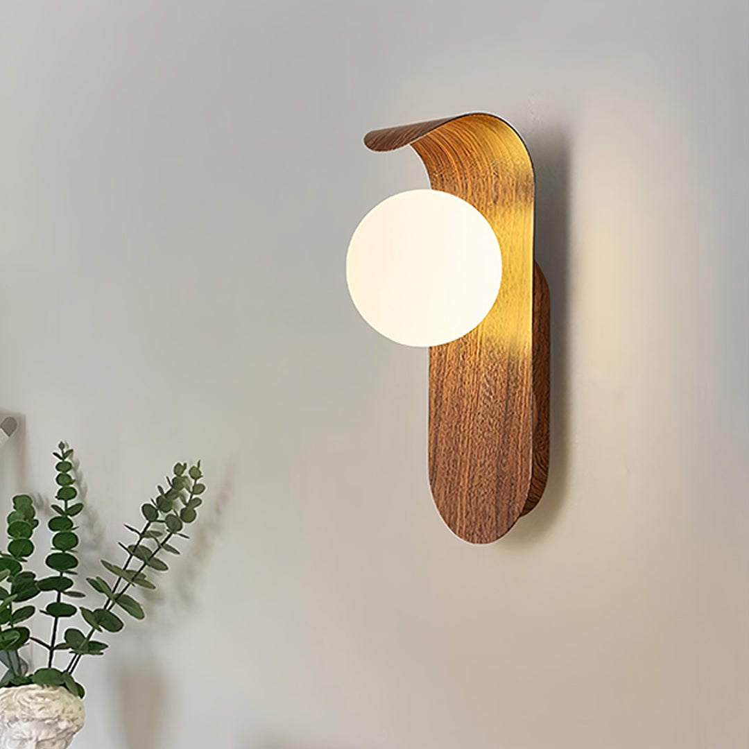 Mid-Century Minimalist Wood Grain Wall Sconce — Iron, Spherical Shade, G9, 5W, Three-Color Dimming