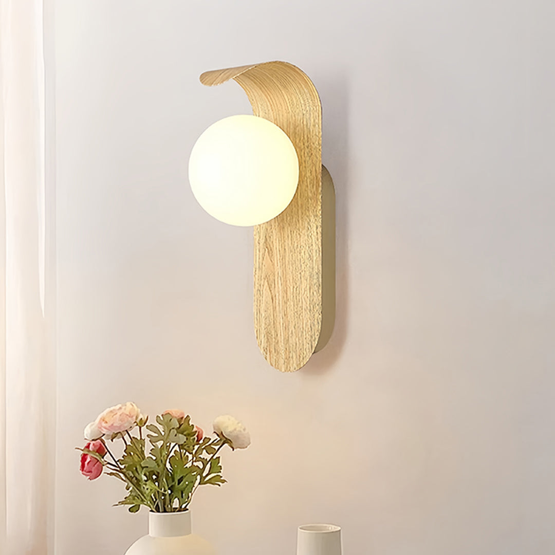 Mid-Century Minimalist Wood Grain Wall Sconce — Iron, Spherical Shade, G9, 5W, Three-Color Dimming