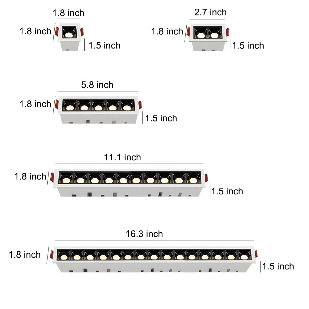 Linear Recessed Ceiling Downlight — Slim-Frame Matte Black or White, 1/2/5/10/15-Light, Anti-Glare LED