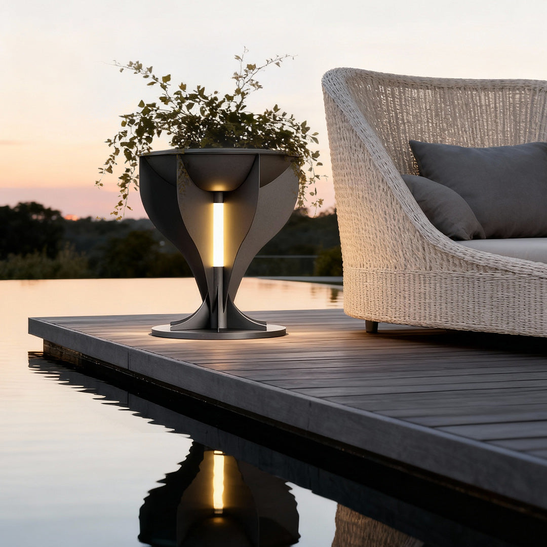 Openwork Lighted Outdoor Planter — Black Stainless Steel, Warm White LED, IP54, Hardwired or Solar, 18.9" or 32.3"
