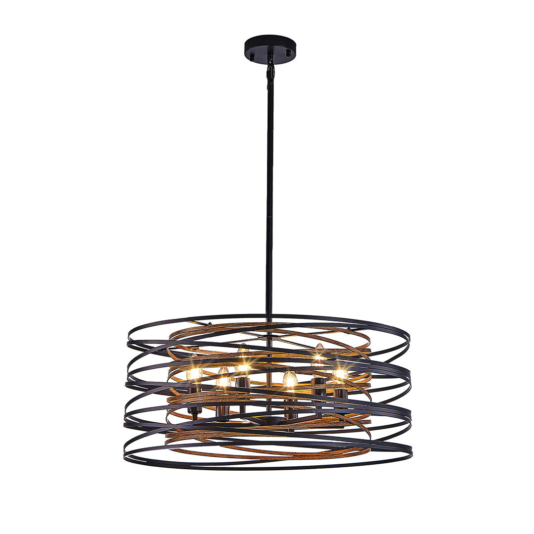 Round Drum Pendant Light — Black Iron, Walnut Wood Texture, Iron Cage, E12, 12.6" / 19.7" / 23.6"