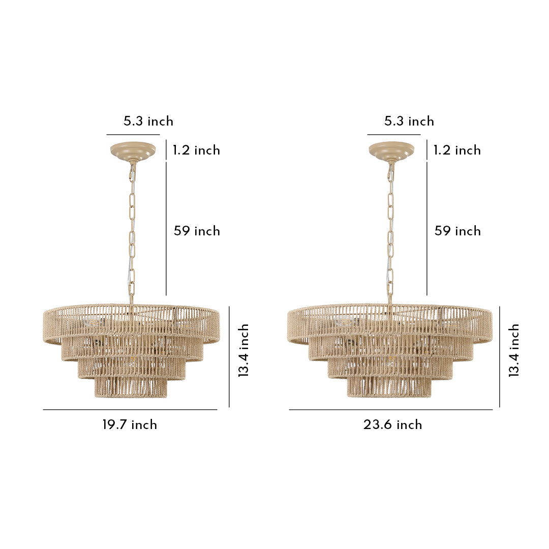 Zen Jute-Rope Chandelier — Iron Frame, Hand-Woven Natural Jute, 6-Light or 8-Light, E12, 59.1" Adjustable Chain