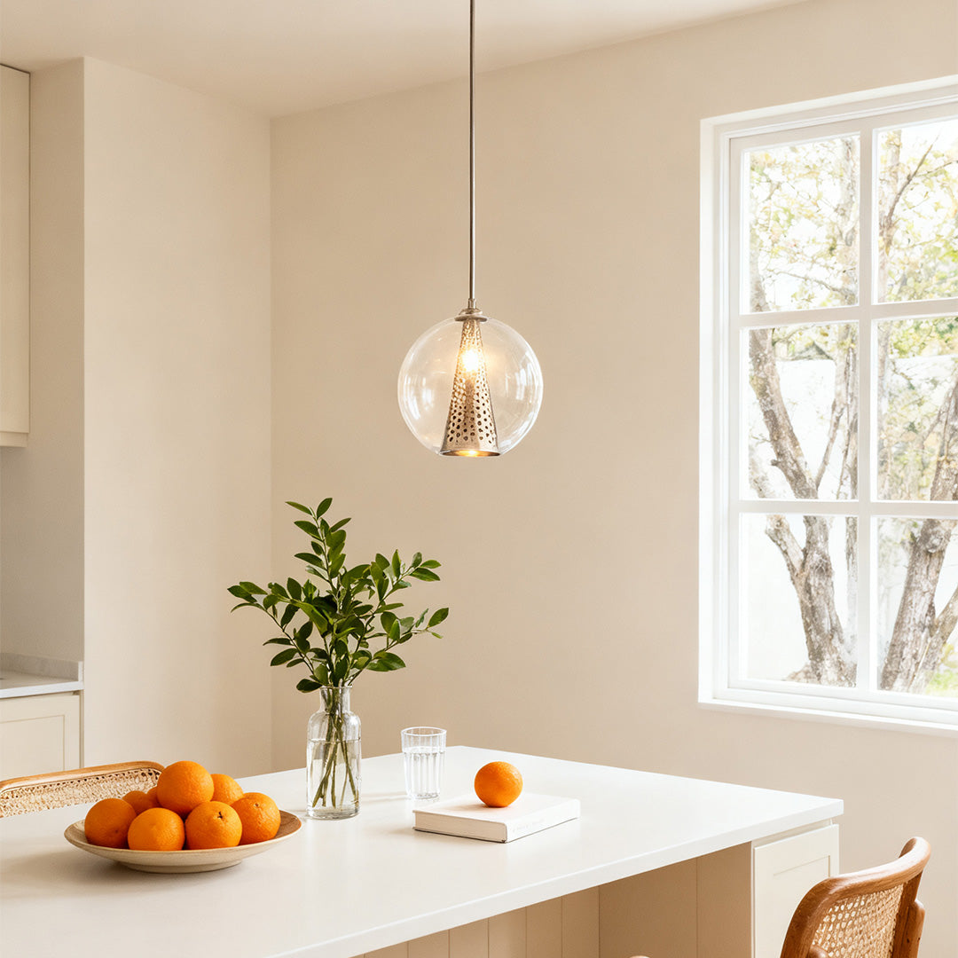 Glass Ball and Perforated Cone Pendant — Natural Copper, Italian Minimalist, E26, Adjustable Rod