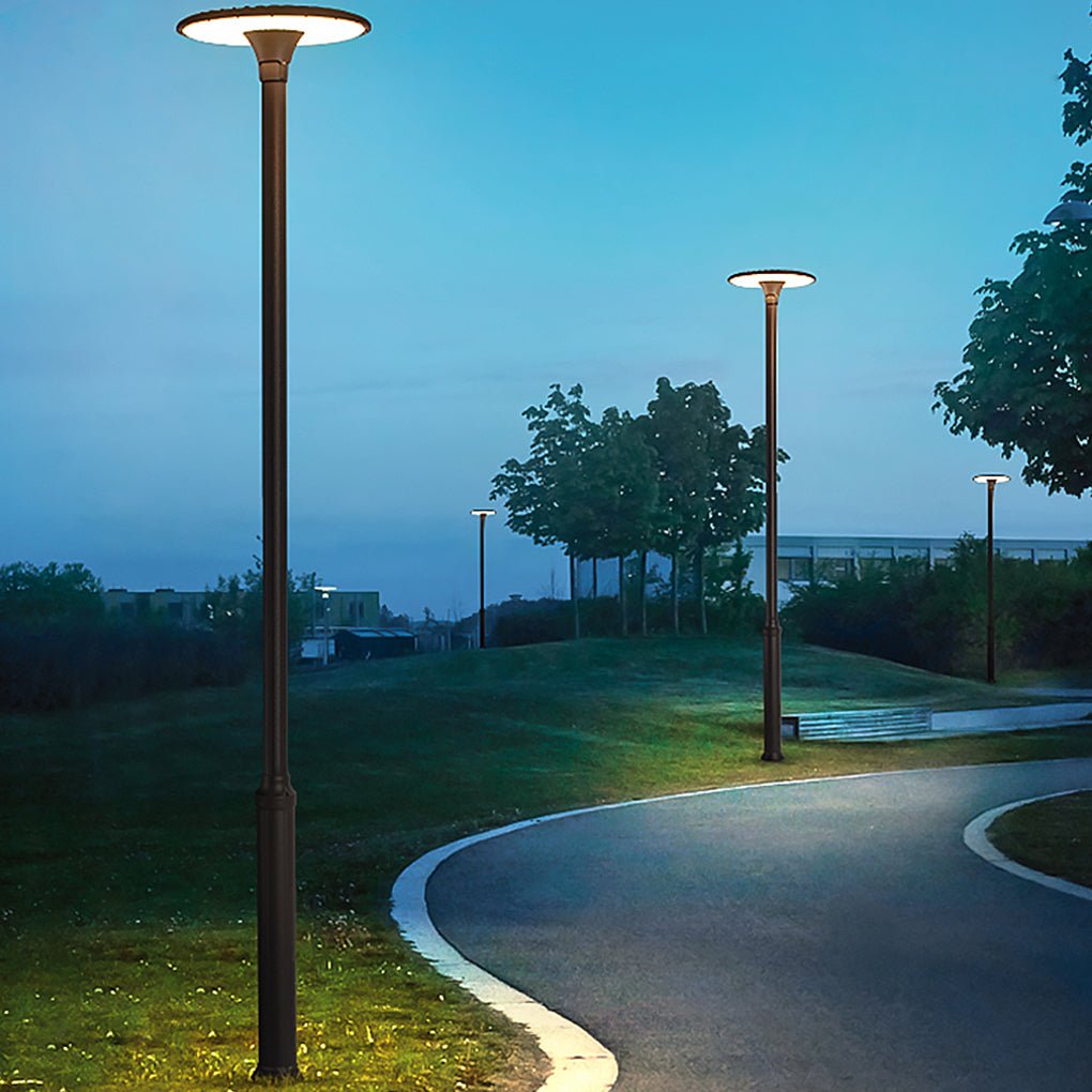 Modern Round Outdoor Pole Light — Flash Gray Aluminum, 60W LED, IP65, 138" H