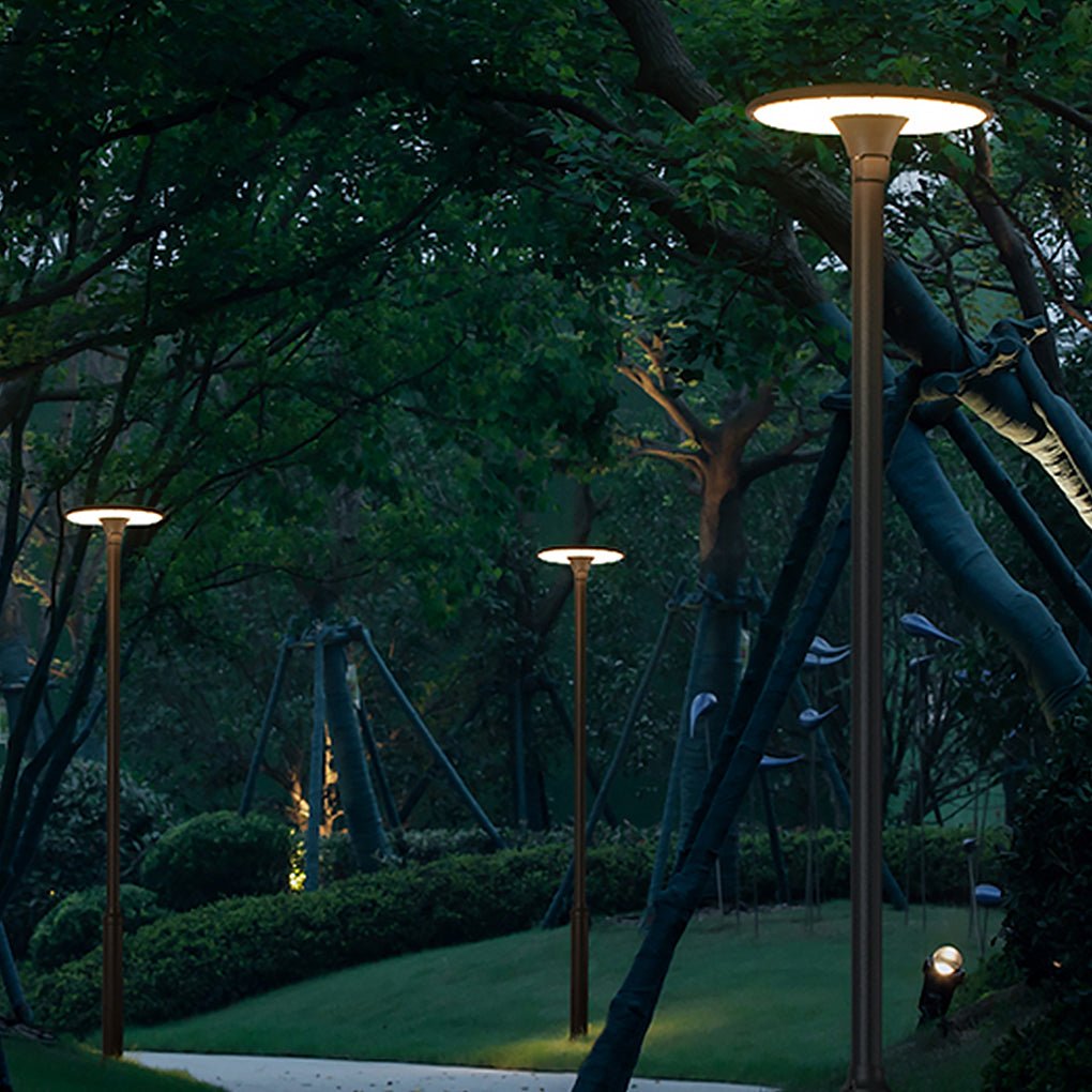 Modern Round Outdoor Pole Light — Flash Gray Aluminum, 60W LED, IP65, 138" H