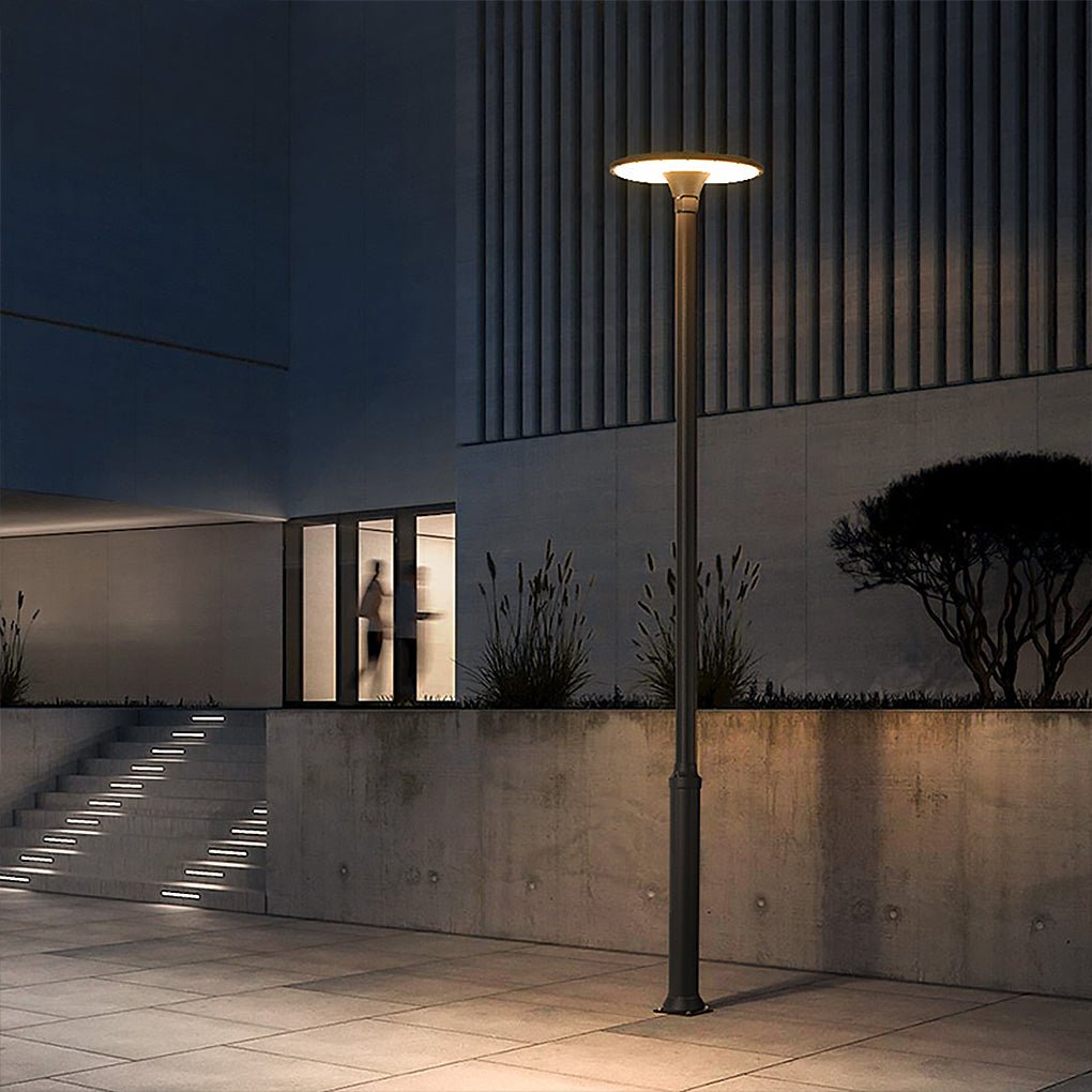 Modern Round Outdoor Pole Light — Flash Gray Aluminum, 60W LED, IP65, 138" H