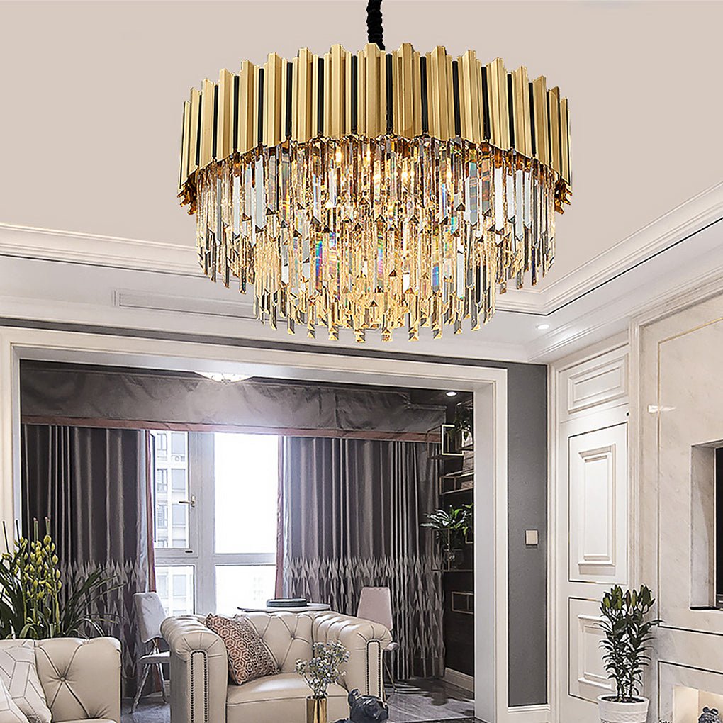 Minimalist Geometric Crystal Chandelier — Stainless Steel & Iron, E14 LED, Round or Rectangle, 31.5"–39.4"