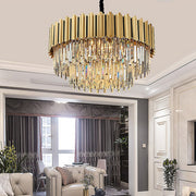 Minimalist Geometric Crystal Chandelier — Stainless Steel & Iron, E14 LED, Round or Rectangle, 31.5"–39.4"