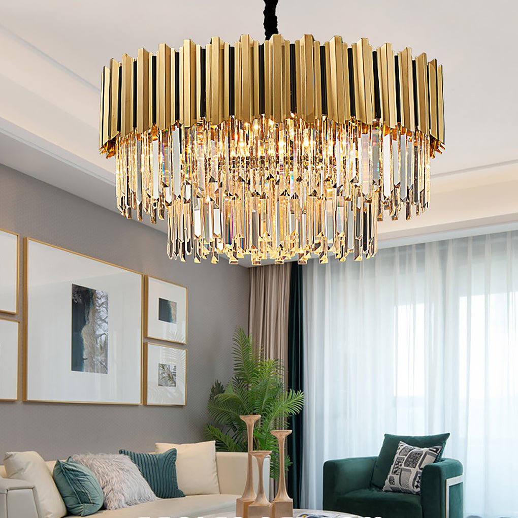 Minimalist Geometric Crystal Chandelier — Stainless Steel & Iron, E14 LED, Round or Rectangle, 31.5"–39.4"