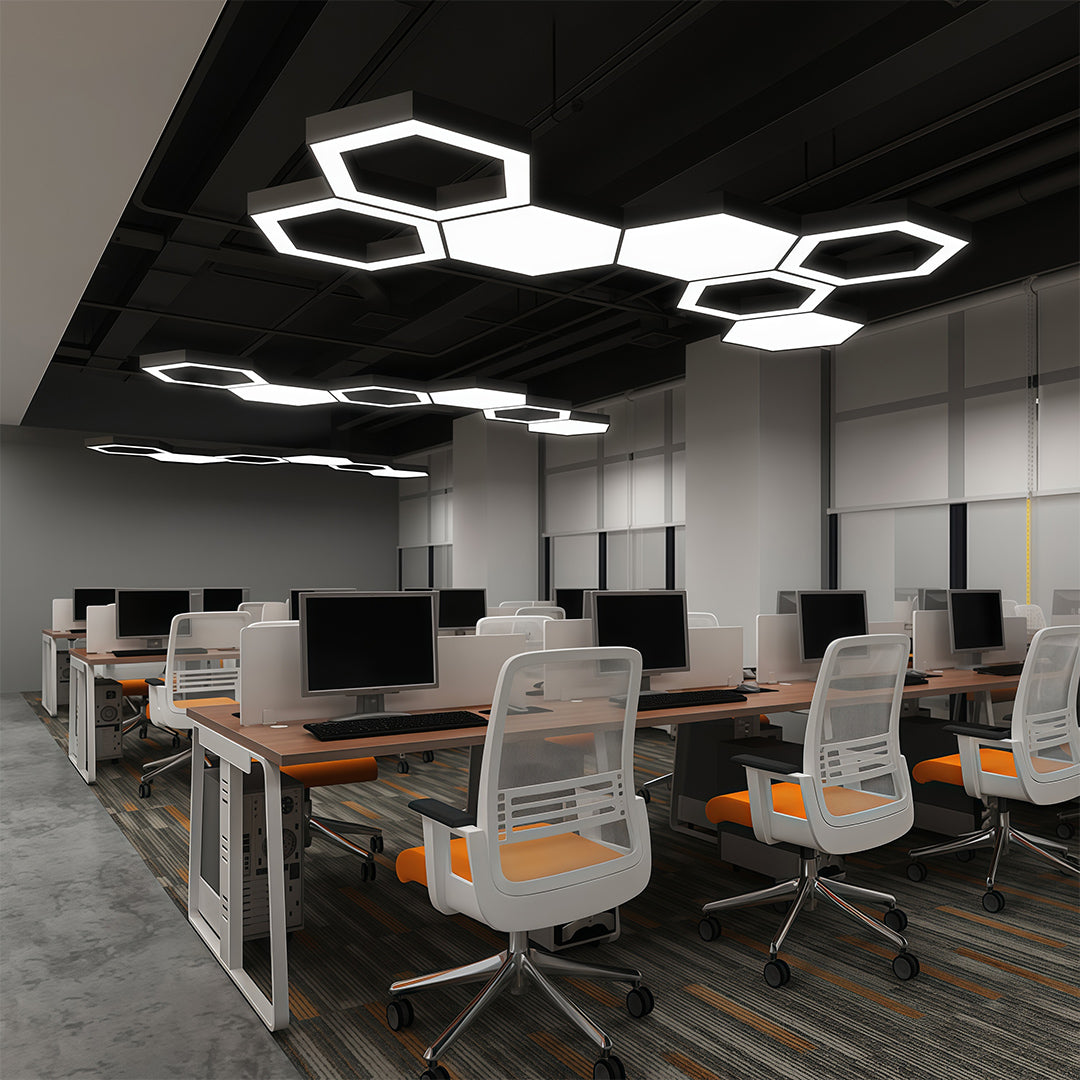 Hexagonal Geometric Honeycomb LED Pendant — Iron, Acrylic Shade, 6 Sizes, 39.4" Adjustable Chain, Black or White