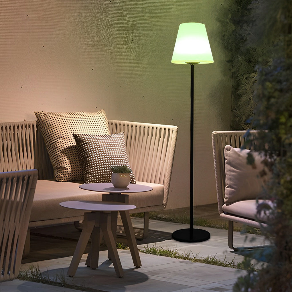 Modern Conical Lantern Outdoor Floor Lamp — Iron, LED, Solar / USB, RGB + Warm White, IP65, 59.84" H