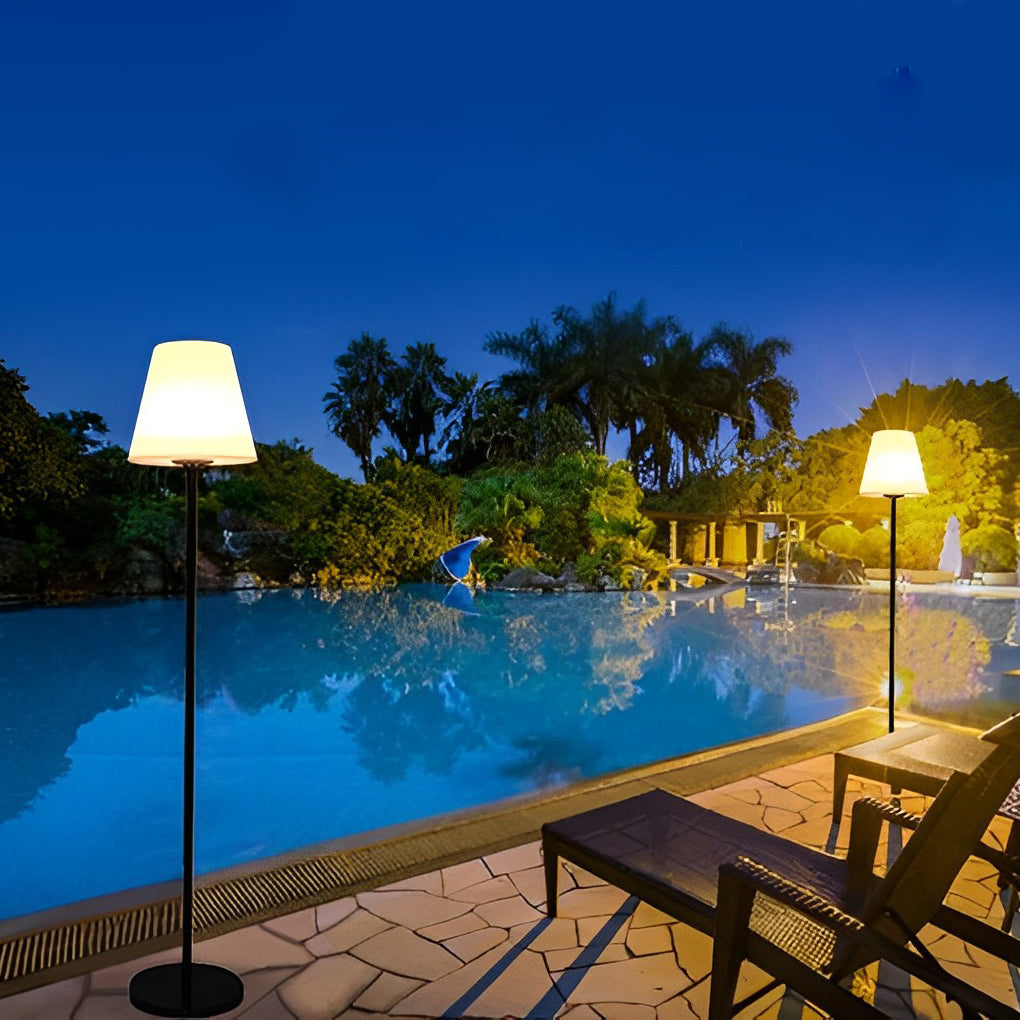 Modern Conical Lantern Outdoor Floor Lamp — Iron, LED, Solar / USB, RGB + Warm White, IP65, 59.84" H