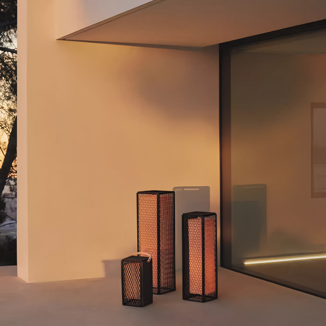 Square Perforated Outdoor Lantern — Black Stainless Steel, 14W LED, IP65, 3 Height Options