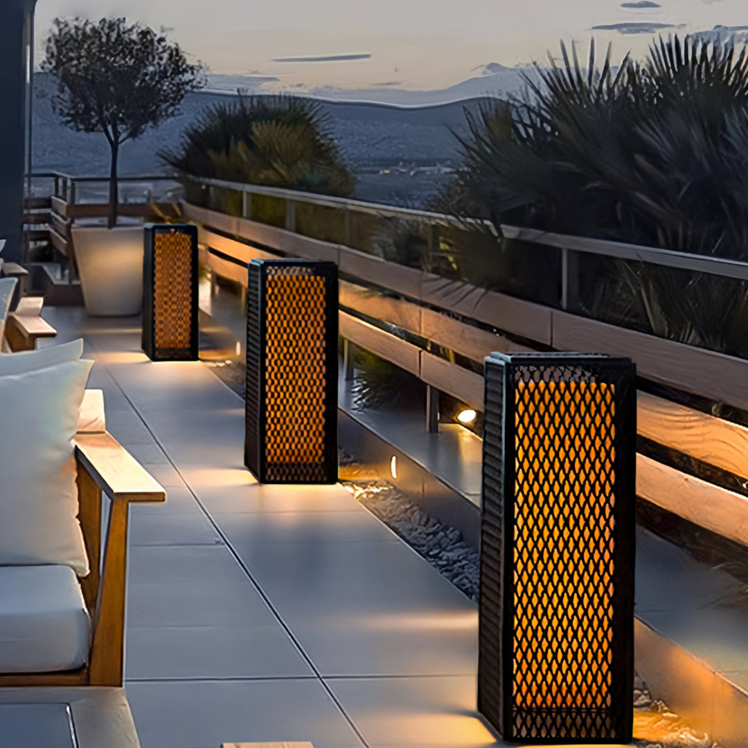 Square Perforated Outdoor Lantern — Black Stainless Steel, 14W LED, IP65, 3 Height Options