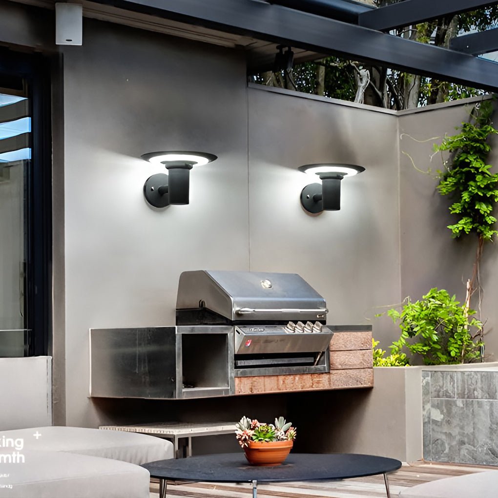 modern outdoor wall lamp round ufo shaped led waterproof solar sconce