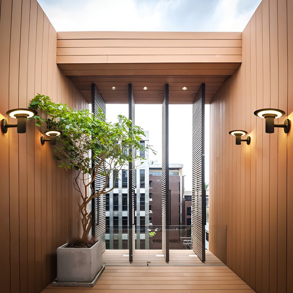 modern outdoor wall lamp round ufo shaped led waterproof solar sconce