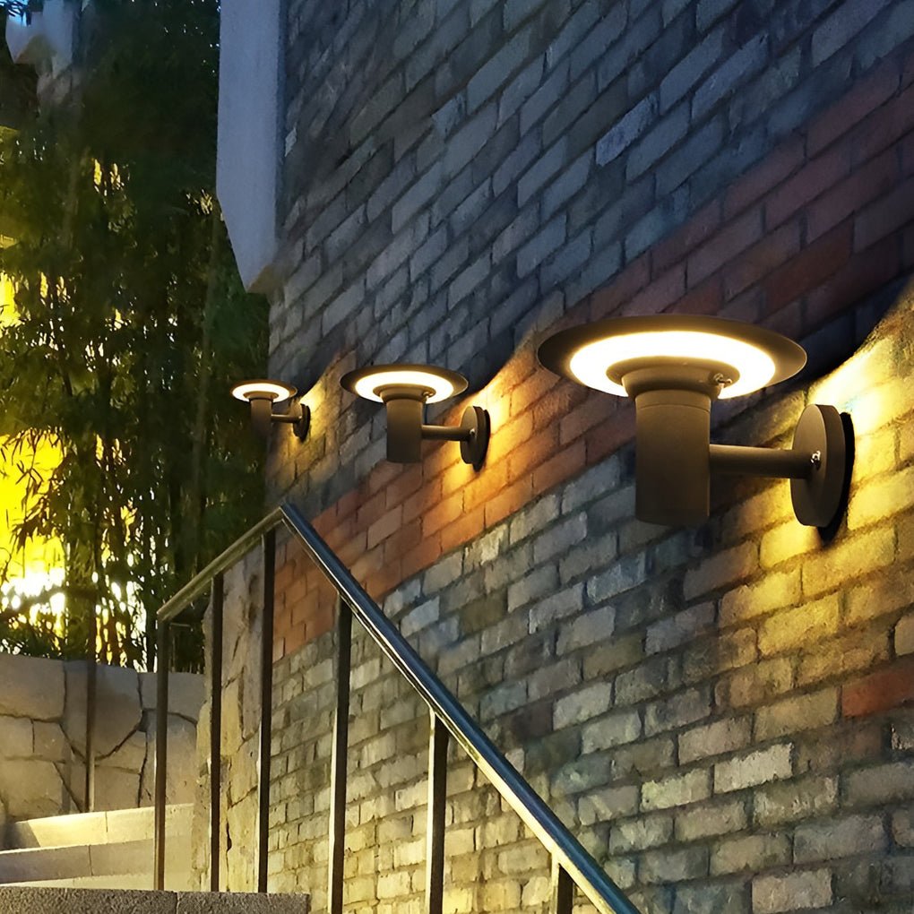 modern outdoor wall lamp round ufo shaped led waterproof solar sconce