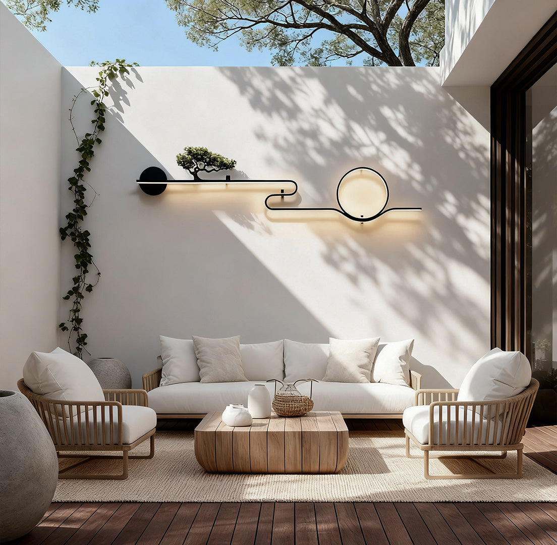 Resin Tree & Moon Outdoor Wall Sconce — Black Aluminum, LED, 20W/26W/30W, 3000K, IP65 Weatherproof