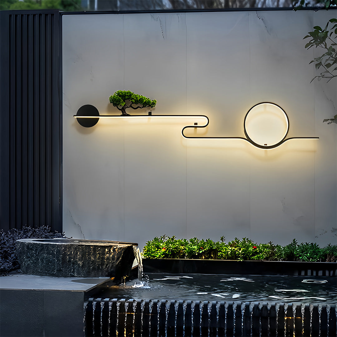 Resin Tree & Moon Outdoor Wall Sconce — Black Aluminum, LED, 20W/26W/30W, 3000K, IP65 Weatherproof