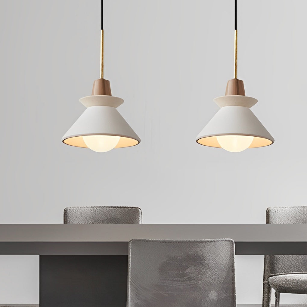 Cone Mini Pendant — White Cement with Wood Grain, E27 LED, 4000K, 9.25" Diameter