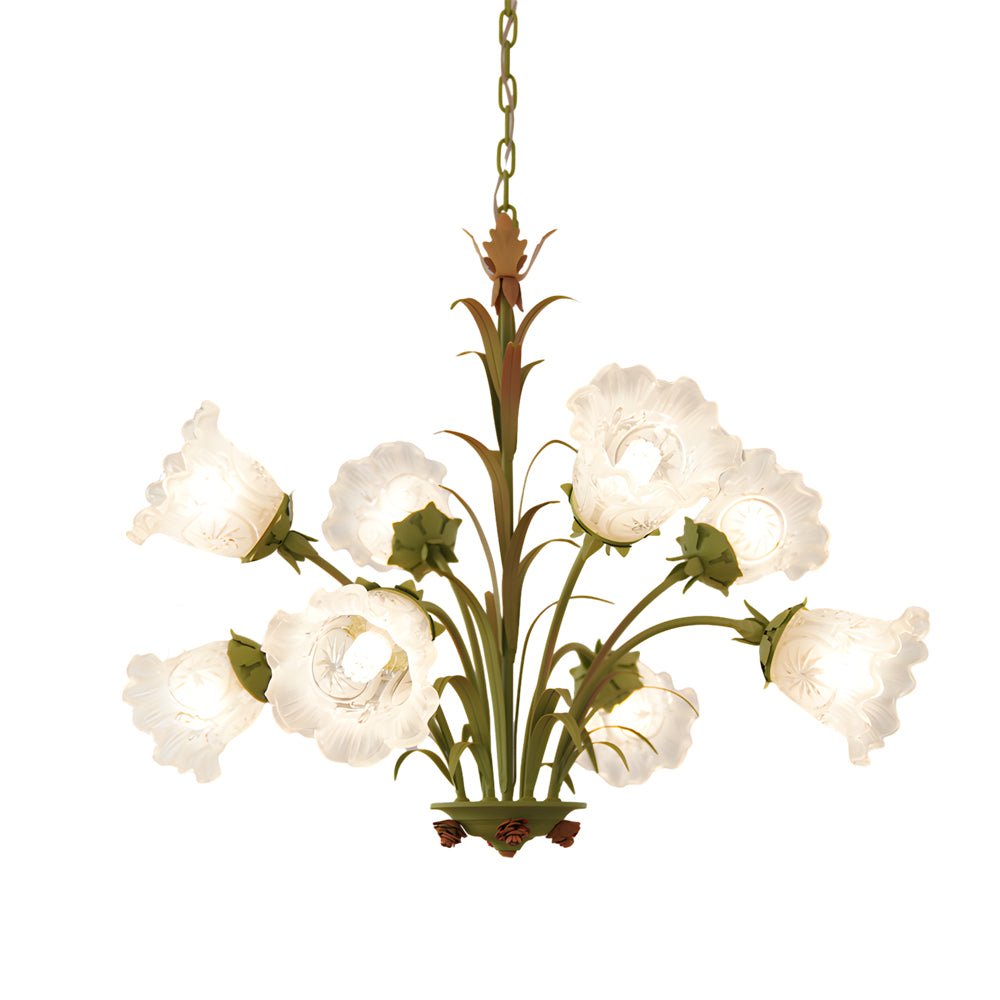 Lily of the Valley Floral Chandelier — Frosted Glass and Iron, French Pastoral, 3-Step Dimming, 3-, 6-, or 8-Light