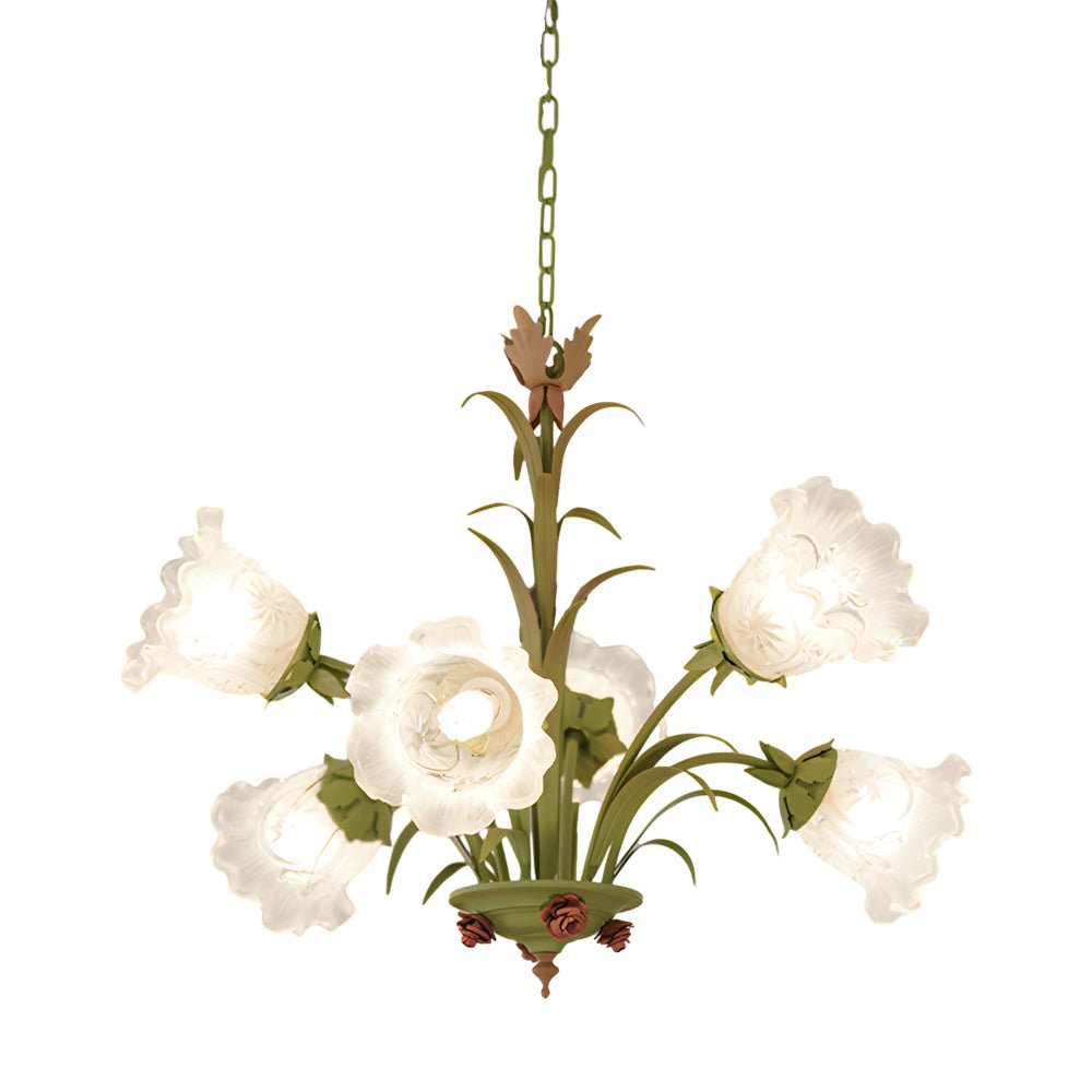 Lily of the Valley Floral Chandelier — Frosted Glass and Iron, French Pastoral, 3-Step Dimming, 3-, 6-, or 8-Light