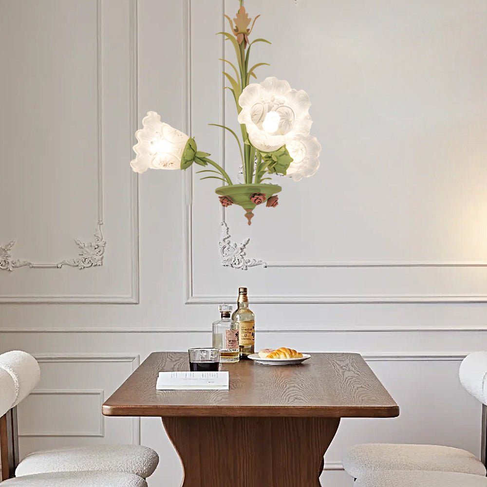 Lily of the Valley Floral Chandelier — Frosted Glass and Iron, French Pastoral, 3-Step Dimming, 3-, 6-, or 8-Light