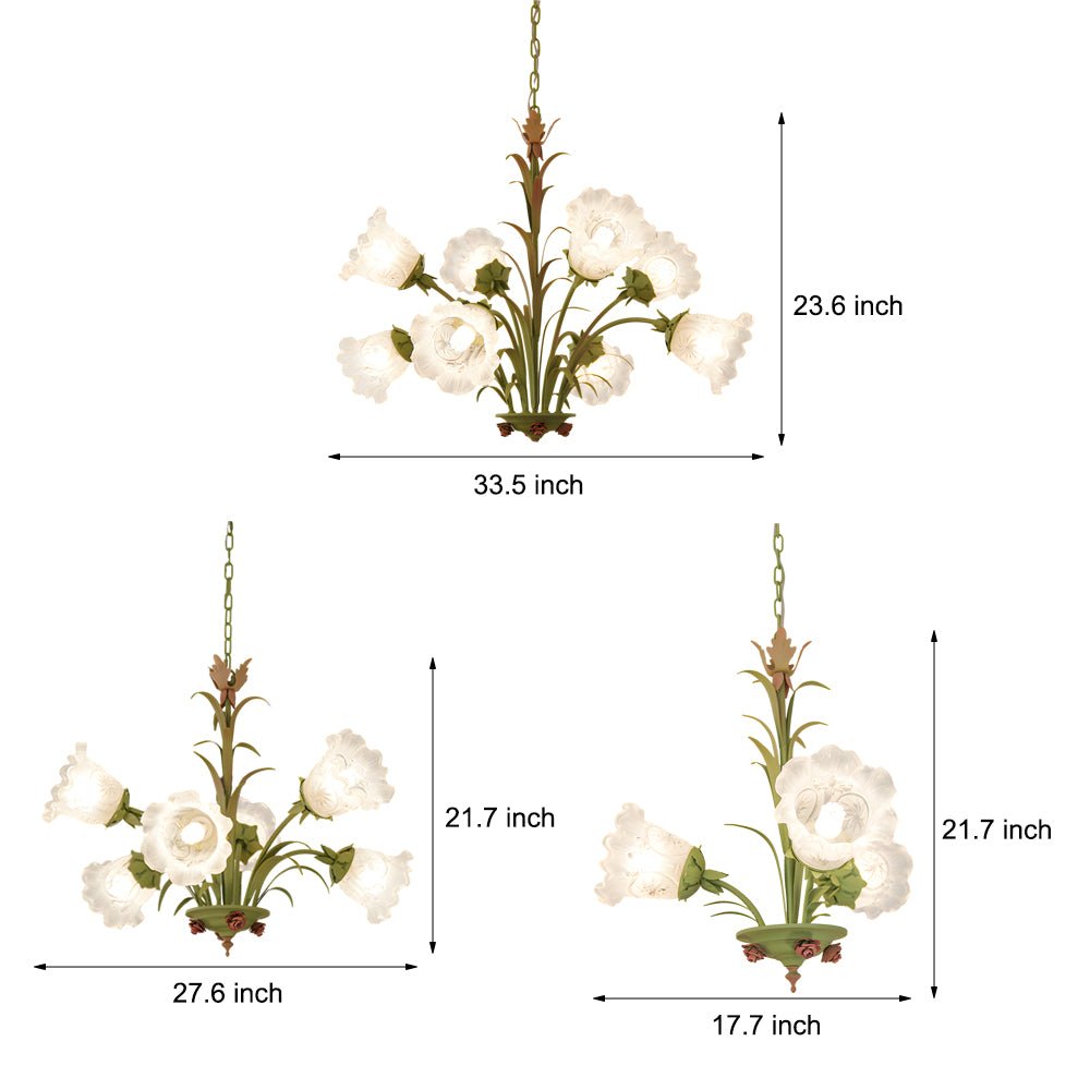 Lily of the Valley Floral Chandelier — Frosted Glass and Iron, French Pastoral, 3-Step Dimming, 3-, 6-, or 8-Light