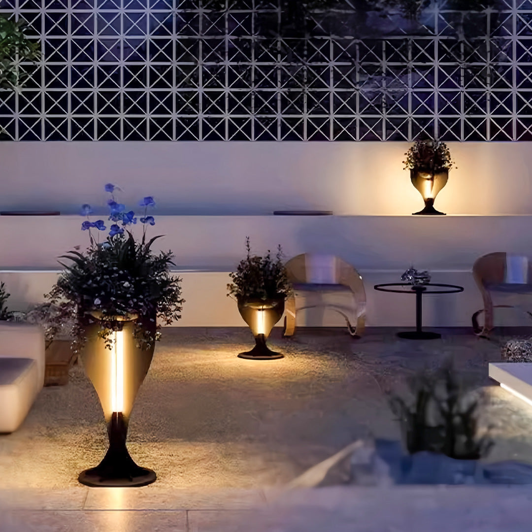Openwork Lighted Outdoor Planter — Black Stainless Steel, Warm White LED, IP54, Hardwired or Solar, 18.9" or 32.3"
