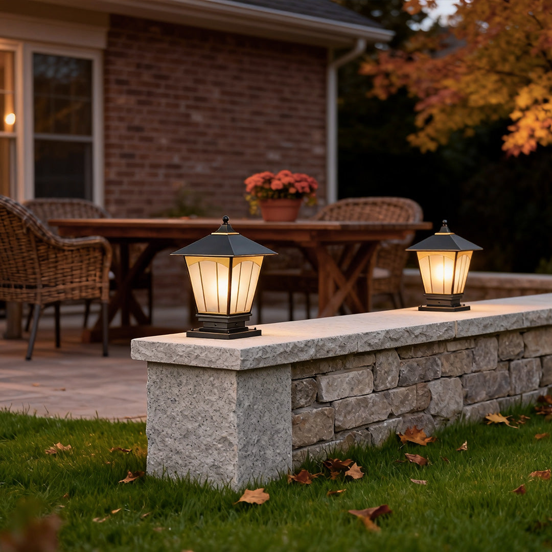 Outdoor Pillar Light — Solid Copper, Black & Gold Brushed Finish, Glass Shade, E27, IP55, 15.4"